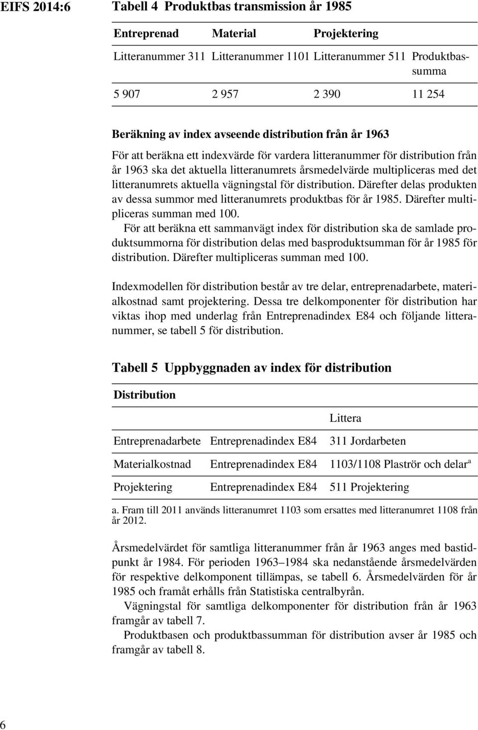 litteranumrets aktuella vägningstal för distribution. Därefter delas produkten av dessa summor med litteranumrets produktbas för år 1985. Därefter multipliceras summan med 100.