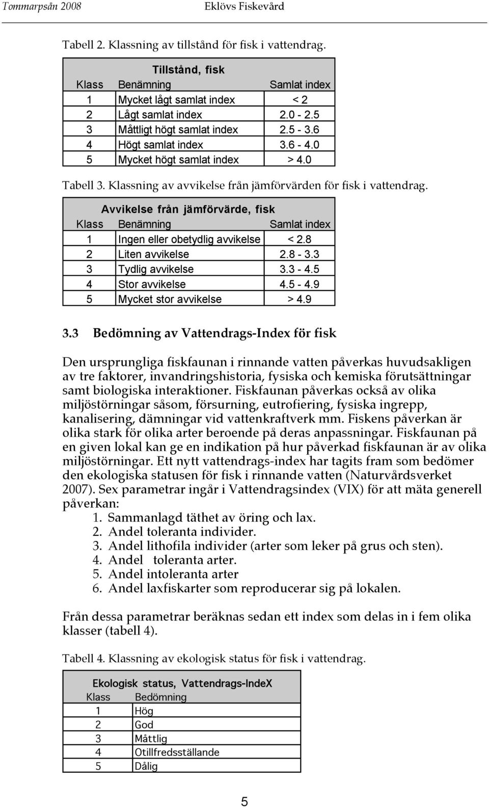 Avvikelse från jämförvärde, fisk Klass Benämning Samlat index 1 Ingen eller obetydlig avvikelse < 2.8 2 Liten avvikelse 2.8-3.3 3 Tydlig avvikelse 3.3-4.5 4 Stor avvikelse 4.5-4.