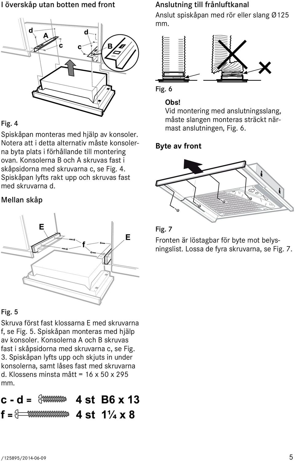Spiskåpan lyfts rakt upp och skruvas fast med skruvarna d. Mellan skåp Fig. 6 Obs! Vid montering med anslutningsslang, måste slangen monteras sträckt närmast anslutningen, Fig. 6. Byte av front Fig.