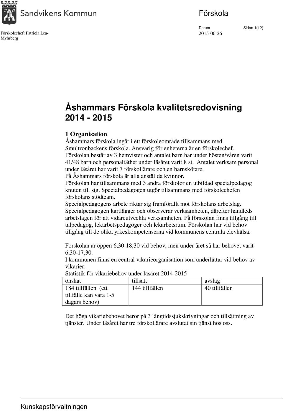 Förskolan består av 3 hemvister och antalet barn har under hösten/våren varit 41/48 barn och personaltäthet under läsåret varit 8 st.