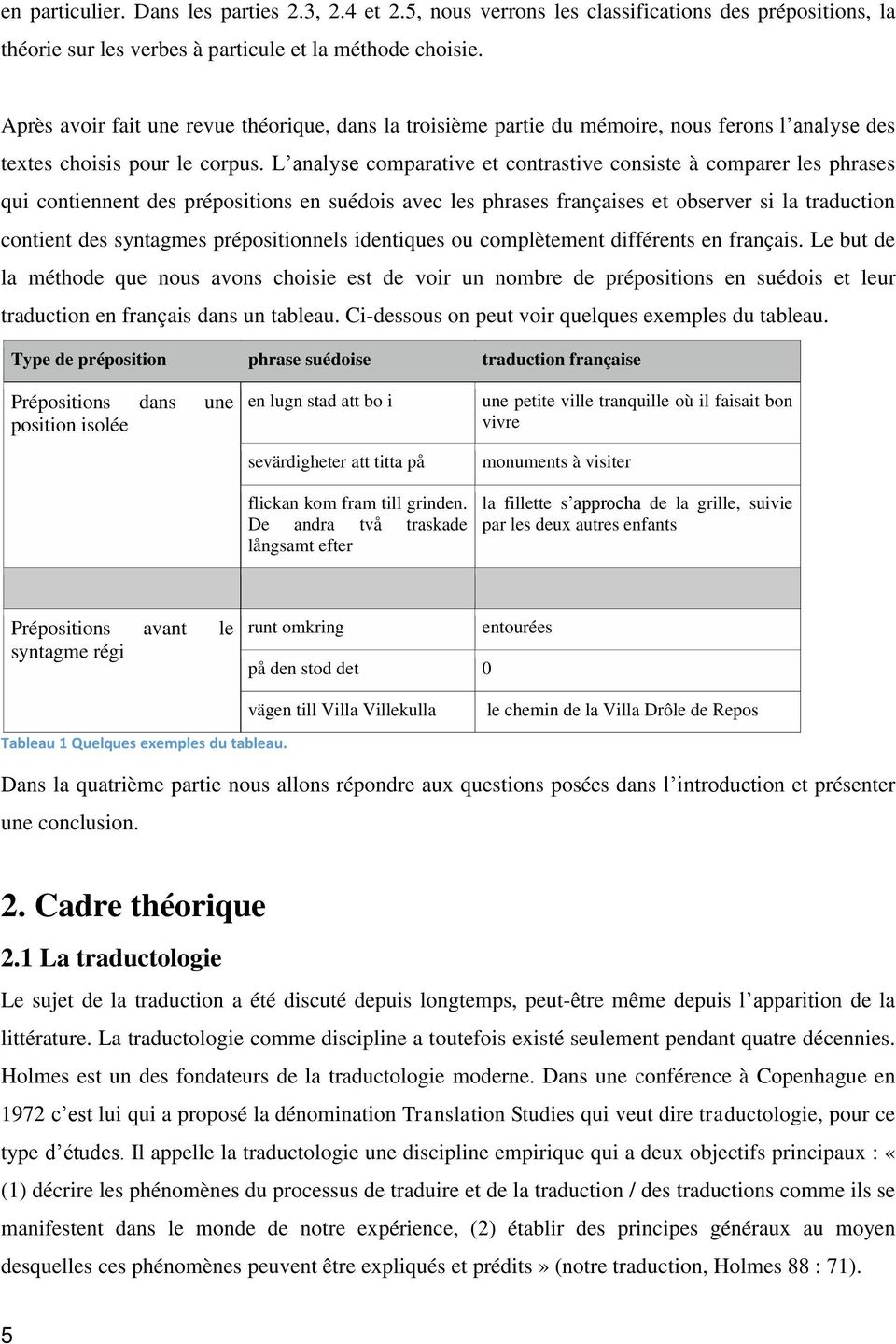 L analyse comparative et contrastive consiste à comparer les phrases qui contiennent des prépositions en suédois avec les phrases françaises et observer si la traduction contient des syntagmes