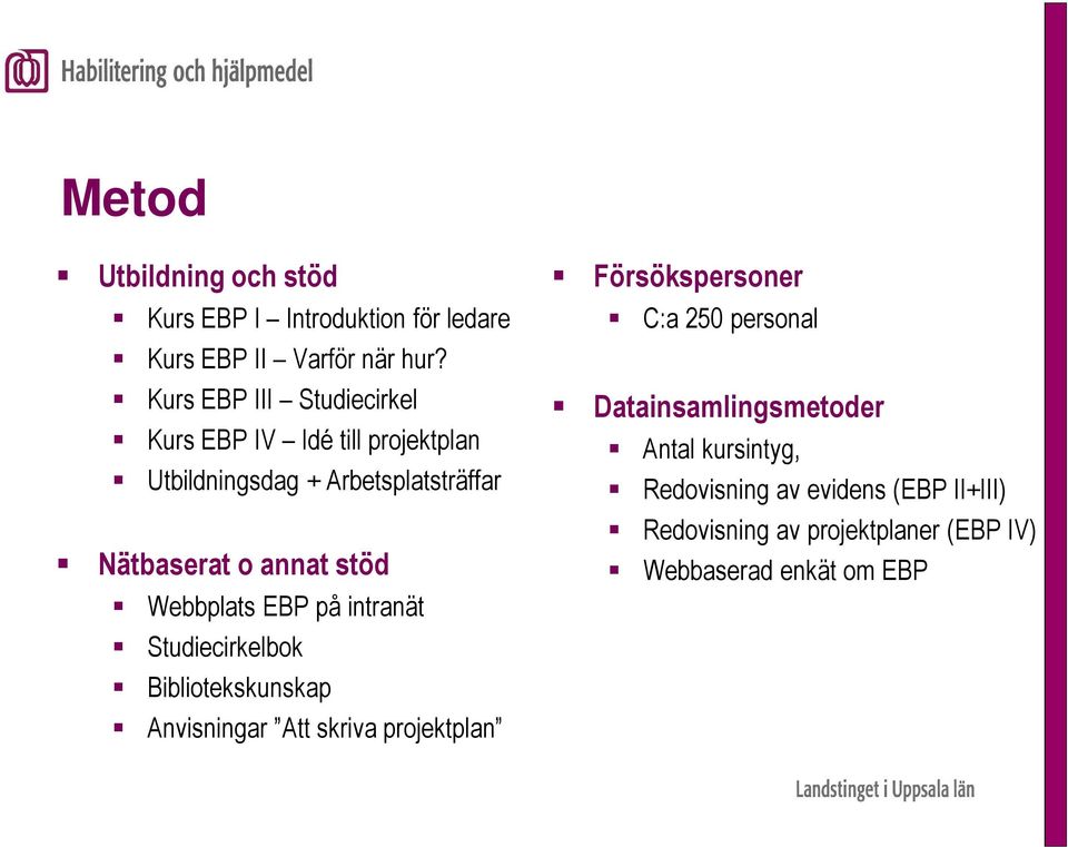 stöd Webbplats EBP på intranät Studiecirkelbok Bibliotekskunskap Anvisningar Att skriva projektplan Försökspersoner