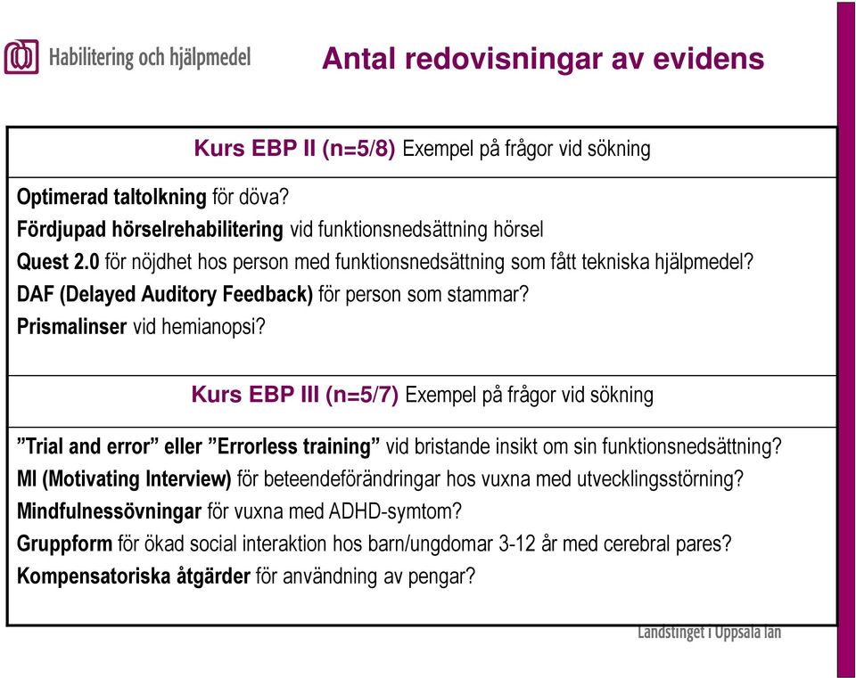Kurs EBP III (n=5/7) Exempel på frågor vid sökning Trial and error eller Errorless training vid bristande insikt om sin funktionsnedsättning?