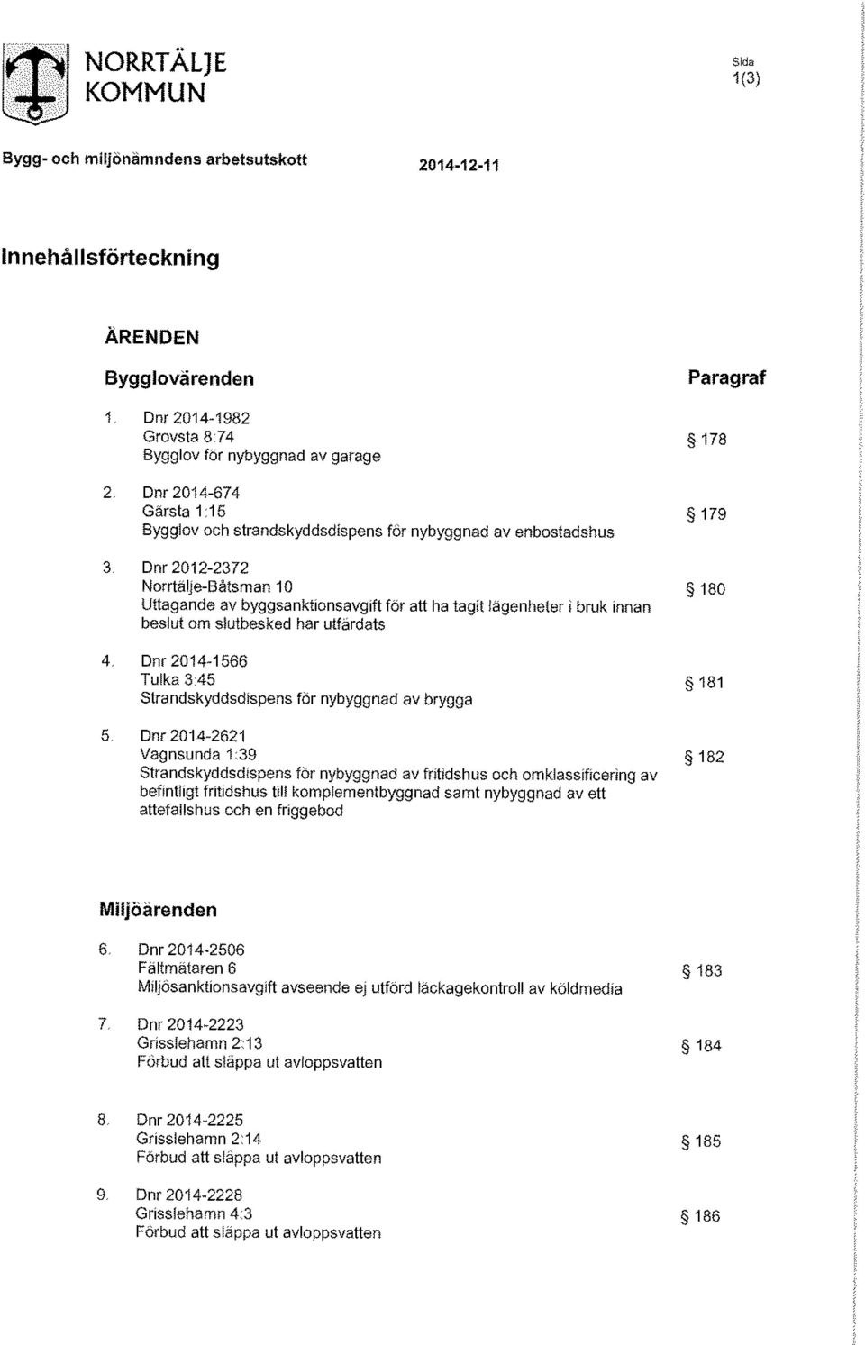 Dnr 2012-2372 Norrtälje-Båtsman 10 Uttagande av byggsanktlonsavgift för att ha tagit lägenheter i bruk Innan beslut om slutbesked har utfärdats 4, Dnr 2014-1566 Tulka 3:45 Strandskyddsdispens for