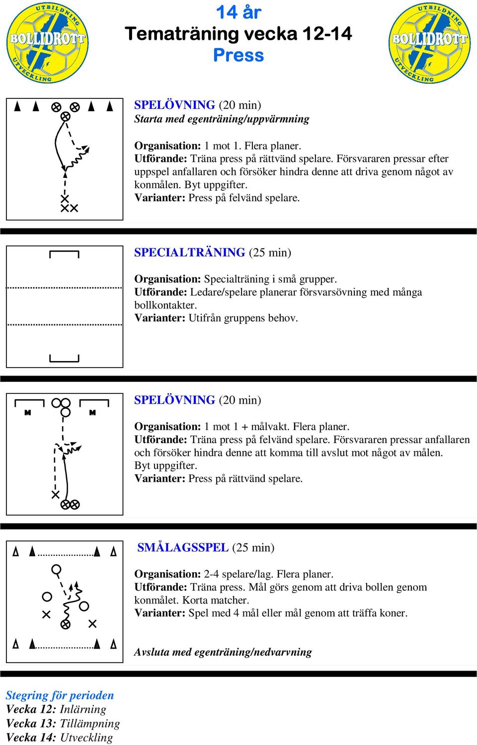 Organisation: Specialträning i små grupper. Utförande: Ledare/spelare planerar försvarsövning med många bollkontakter. Varianter: Utifrån gruppens behov. Organisation: 1 mot 1 + målvakt. Flera planer.