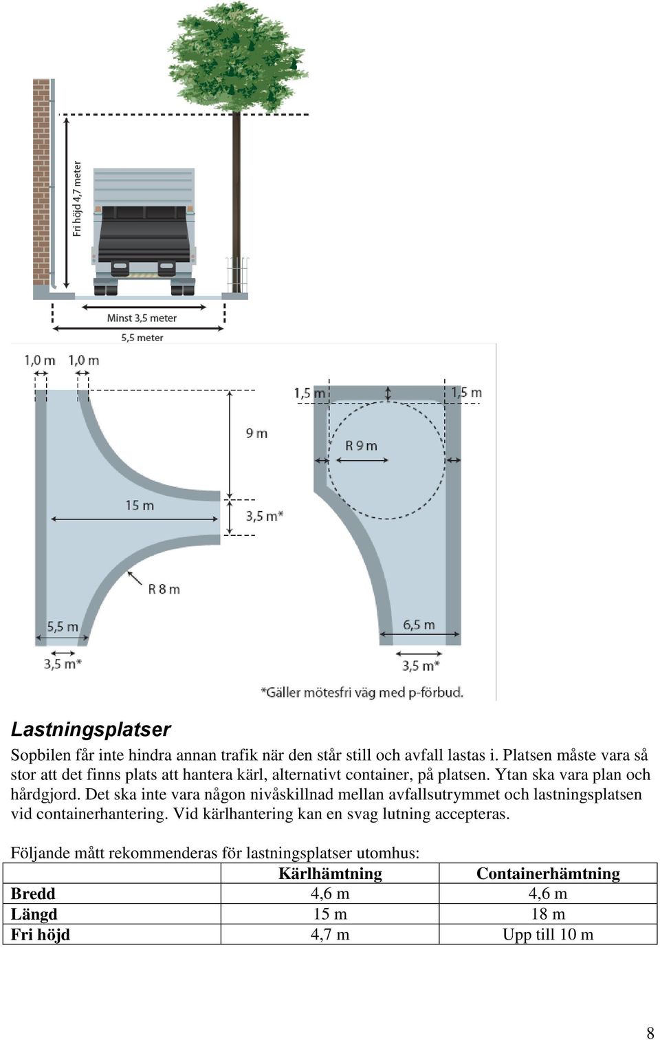 Det ska inte vara någon nivåskillnad mellan avfallsutrymmet och lastningsplatsen vid containerhantering.