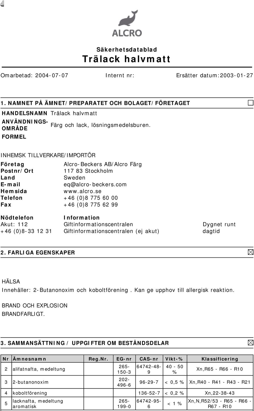 INHEMSK TILLVERKARE/IMPORTÖR Företag Alcro-Beckers AB/Alcro Färg Postnr/Ort 117 83 Stockholm Land Sweden E-mail eq@alcro-