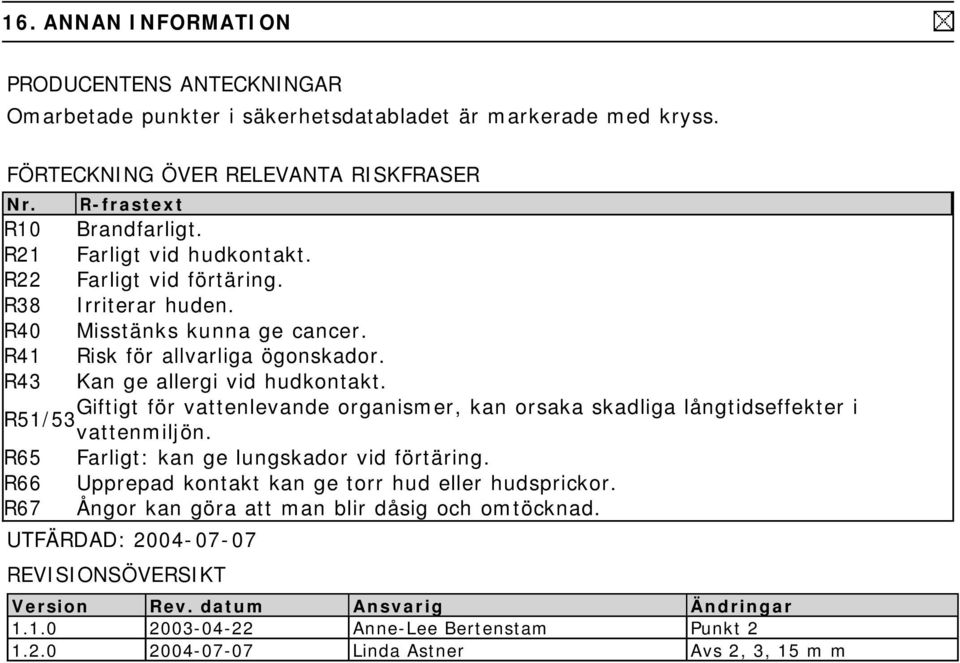 Giftigt för vattenlevande organismer, kan orsaka skadliga långtidseffekter i R51/53 vattenmiljön. R65 Farligt: kan ge lungskador vid förtäring.