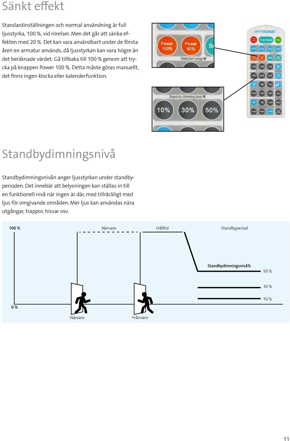 Detta måste göras manuellt, det finns ingen klocka eller kalenderfunktion. Standbydimningsnivå Standbydimningsnivån anger ljusstyrkan under standbyperioden.