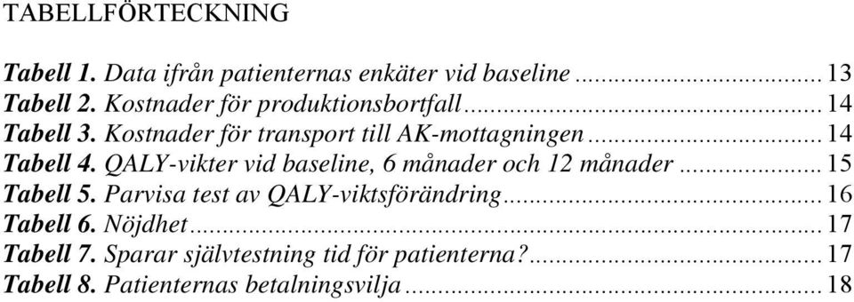 QALY-vikter vid baseline, 6 månader och 12 månader... 15 Tabell 5. Parvisa test av QALY-viktsförändring.