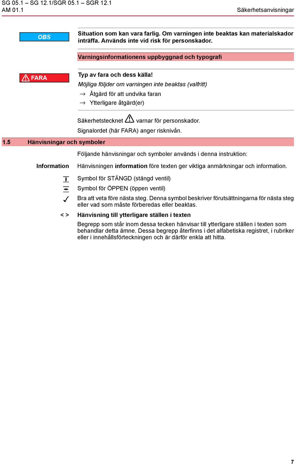 Möjliga följder om varningen inte beaktas (valfritt) Åtgärd för att undvika faran Ytterligare åtgärd(er) Säkerhetstecknet varnar för personskador. 1.