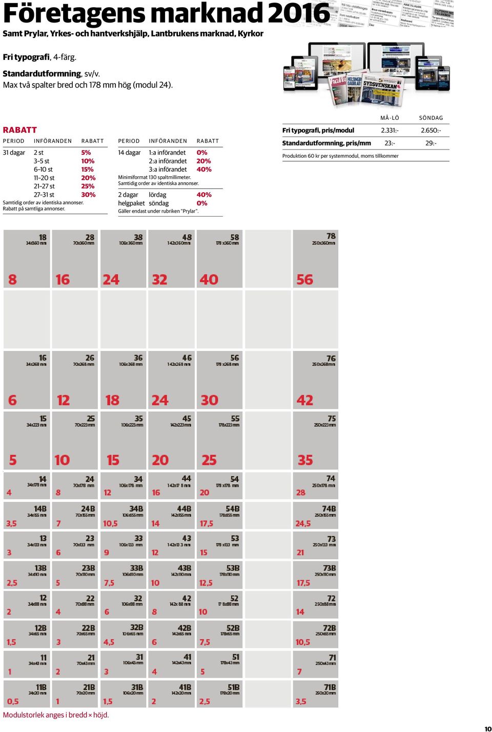 Rabatt på samtliga annonser. PERIOD INFÖRANDEN RABATT 14 dagar 1:a införandet 0% 2:a införandet 20% 3:a införandet 40% Minimiformat 130 spaltmillimeter.