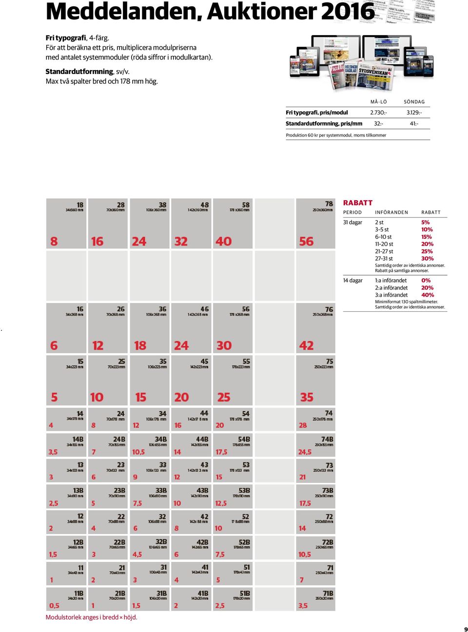 129:- Standardutformning, pris/mm 32:- 41:- RABATT PERIOD INFÖRANDEN RABATT 31 dagar 2 st 5% 3 5 st 10% 6 10 st 15% 11 20 st