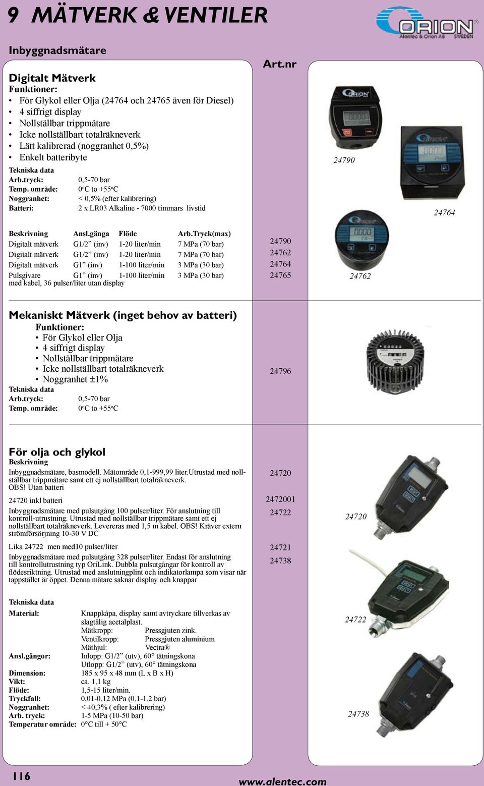 område: Noggranhet: Batteri: 0,5-70 bar 0 o C to +55 o C < 0,5% (efter kalibrering) 2 x LR03 Alkaline - 7000 timmars livstid 24790 24764 Ansl.gänga Flöde Arb.