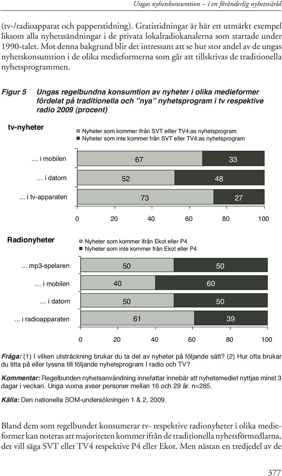 Mot denna bakgrund blir det intressant att se hur stor andel av de ungas nyhetskonsumtion i de olika medieformerna som går att tillskrivas de traditionella nyhetsprogrammen.