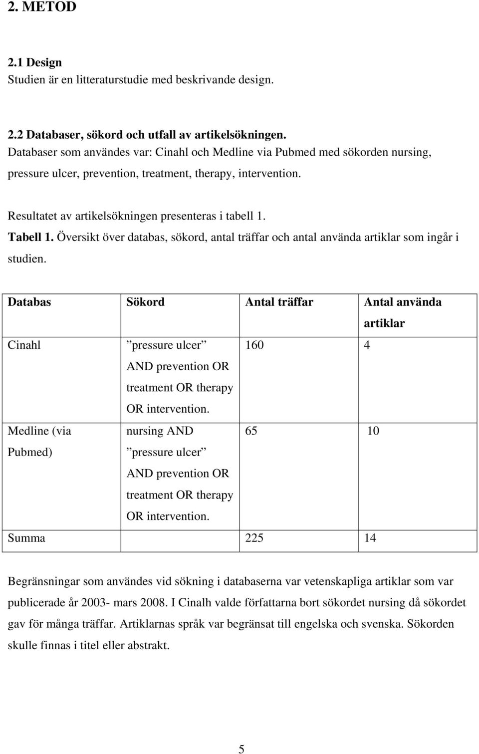 Tabell 1. Översikt över databas, sökord, antal träffar och antal använda artiklar som ingår i studien.