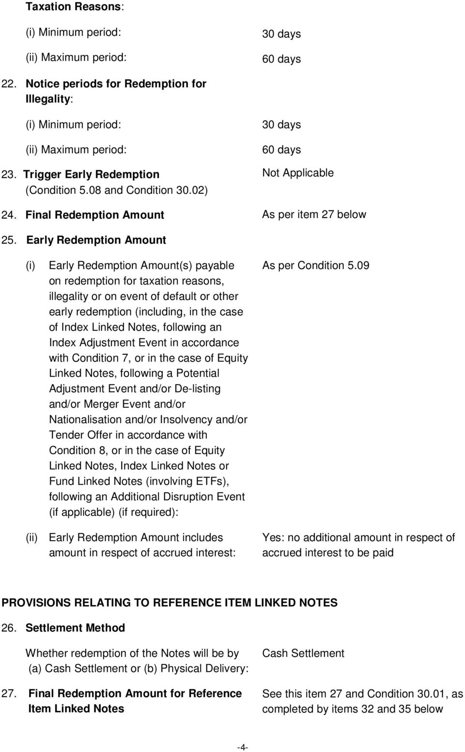 Early Redemption Amount (i) Early Redemption Amount(s) payable on redemption for taxation reasons, illegality or on event of default or other early redemption (including, in the case of Index Linked