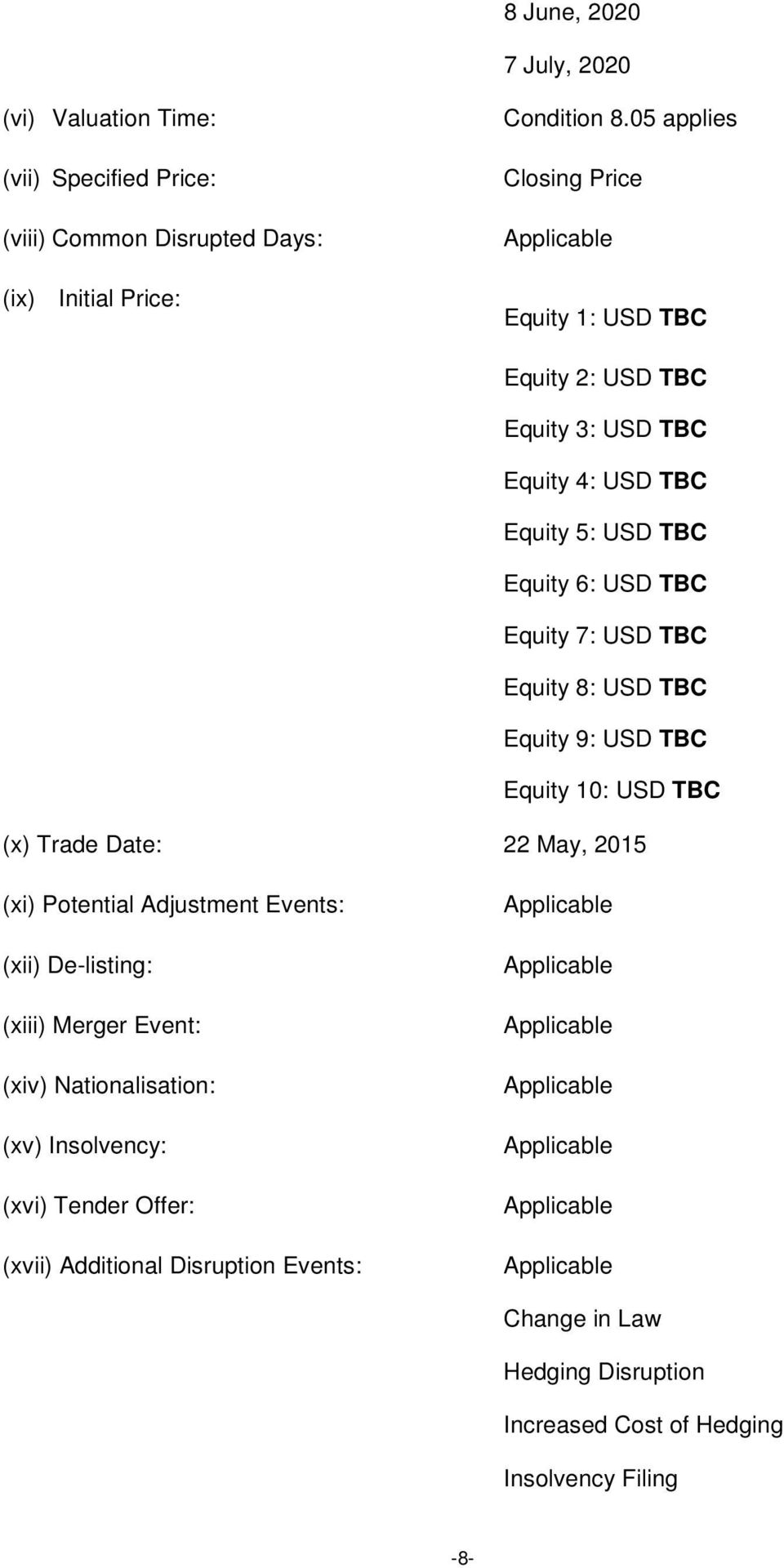 TBC Equity 9: USD TBC Equity 10: USD TBC (x) Trade Date: 22 May, 2015 (xi) Potential Adjustment Events: (xii) De-listing: (xiii) Merger Event: (xiv) Nationalisation: (xv)