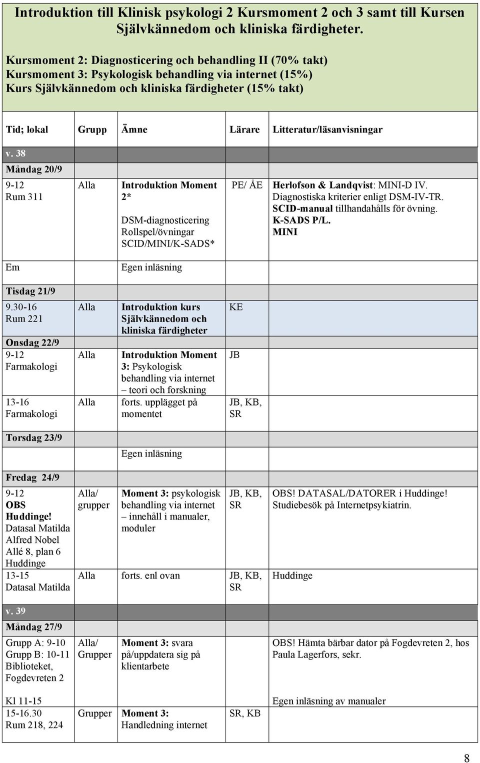 v. 38 Måndag 20/9 Rum 311 Introduktion Moment 2* DSM-diagnosticering Rollspel/övningar SCID/MINI/K-SADS* PE/ Herlofson & Landqvist: MINI-D IV. Diagnostiska kriterier enligt DSM-IV-TR.