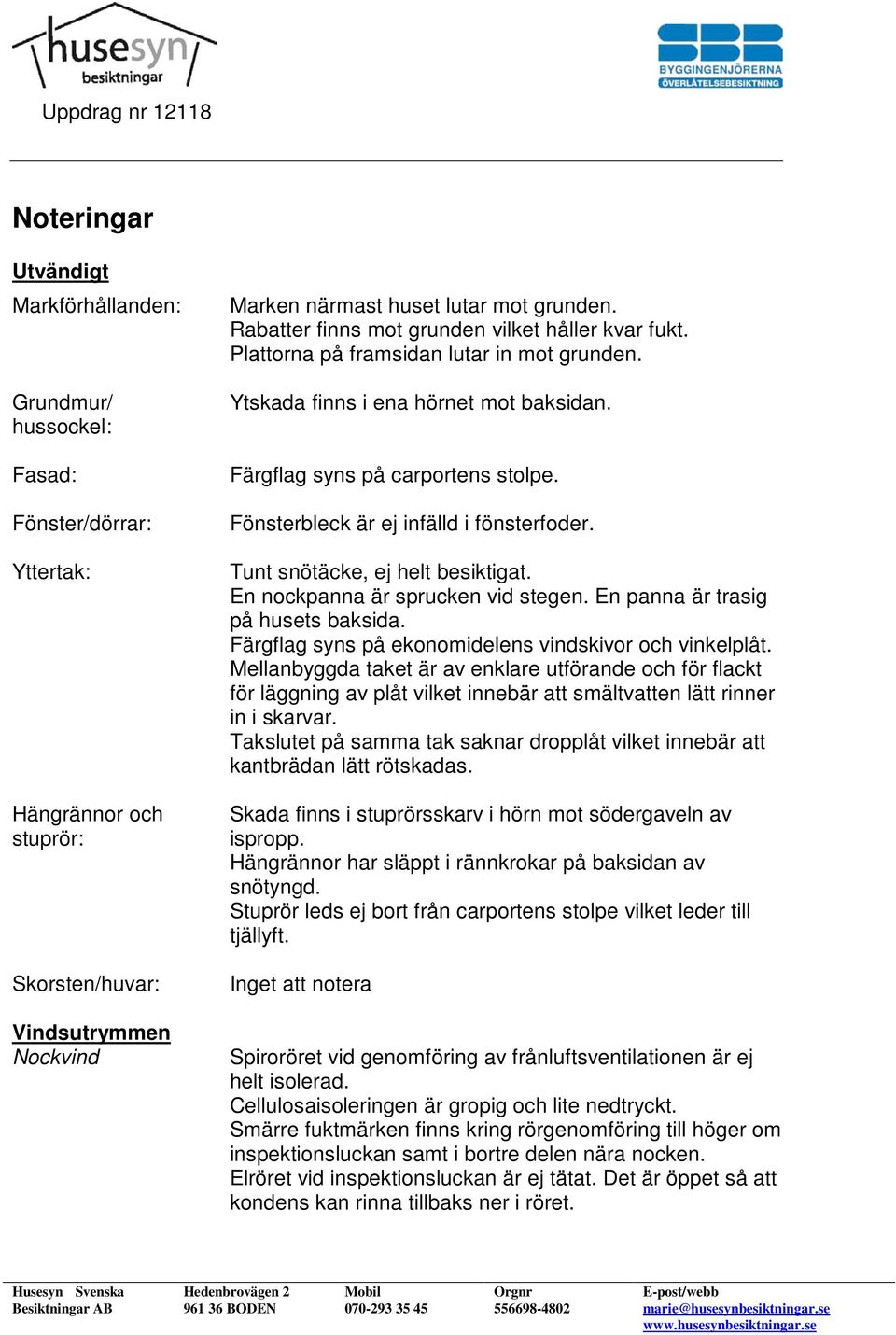 Fönsterbleck är ej infälld i fönsterfoder. Tunt snötäcke, ej helt besiktigat. En nockpanna är sprucken vid stegen. En panna är trasig på husets baksida.