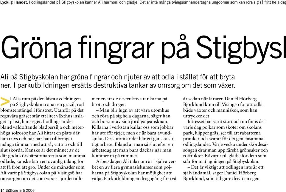 I parkutbildningen ersätts destruktiva tankar av omsorg om det som växer. I Alis rum på den låsta avdelningen > på Stigbyskolan tronar en gracil, röd blomsterstängel i fönstret.