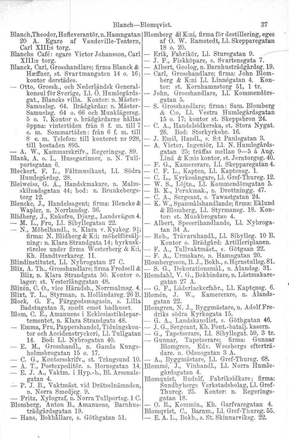 16; Carl, Grosshandlare; firma: John Blomkontor derstädes. berg & K:ni L1. Linnegatan 4. Kon Otto, Grossh., och Nederländsk General tor: st. Kornhamnstorg 51, 1 tro konsul för Sverige, L1. O. Humlegårds John, Grosshandlare, L1.