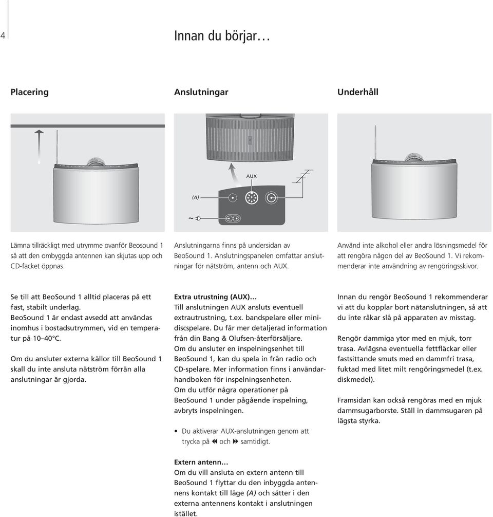 Använd inte alkohol eller andra lösningsmedel för a rengöra någon del av BeoSound 1. Vi rekommenderar inte användning av rengöringkivor.