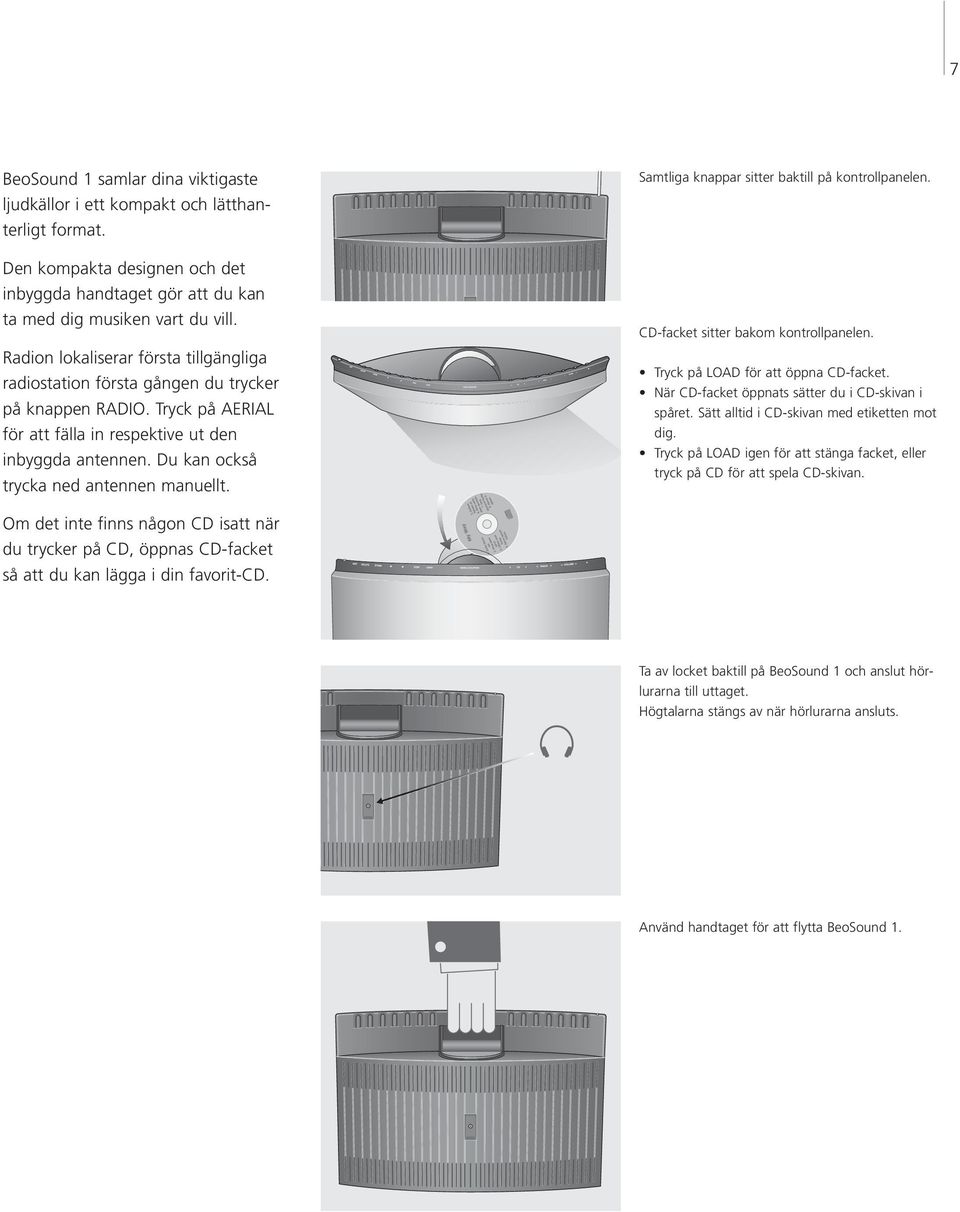 Du kan också trycka ned antennen manuellt. Samtliga knappar sier baktill på kontrollpanelen. CD-facket sier bakom kontrollpanelen. Tryck på LOAD för a öppna CD-facket.
