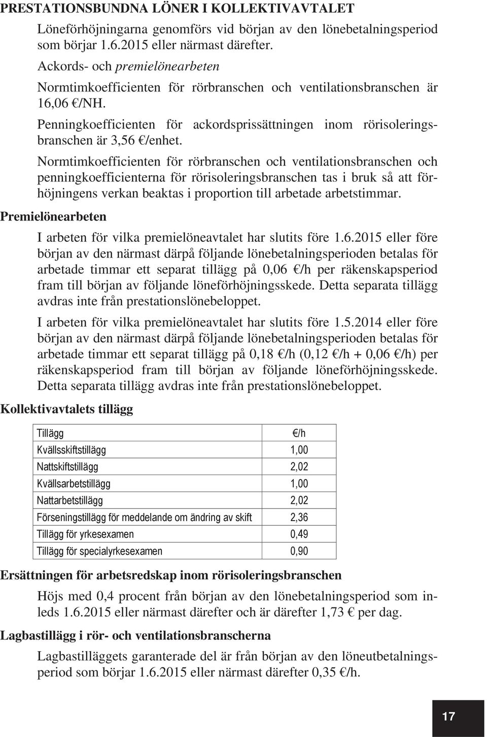 Normtimkoefficienten för rörbranschen och ventilationsbranschen och penningkoefficienterna för rörisoleringsbranschen tas i bruk så att förhöjningens verkan beaktas i proportion till arbetade