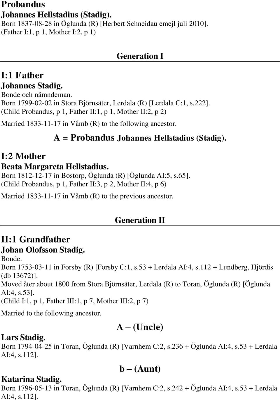 (Child Probandus, p 1, Father II:1, p 1, Mother II:2, p 2) Married 1833-11-17 in Våmb (R) to the following ancestor. A = Probandus Johannes Hellstadius (Stadig).