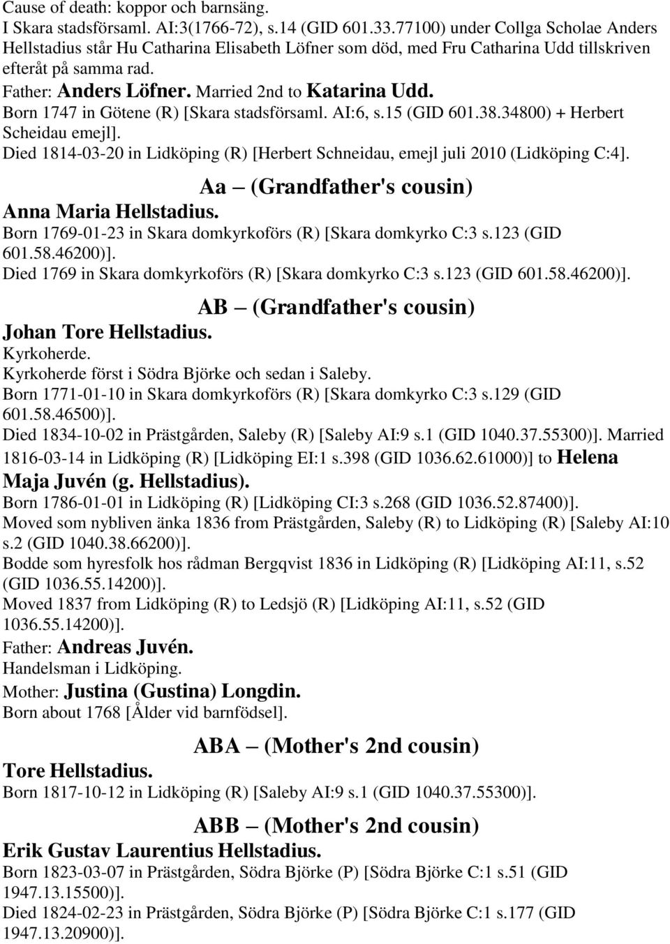 Born 1747 in Götene (R) [Skara stadsförsaml. AI:6, s.15 (GID 601.38.34800) + Herbert Scheidau emejl]. Died 1814-03-20 in Lidköping (R) [Herbert Schneidau, emejl juli 2010 (Lidköping C:4].