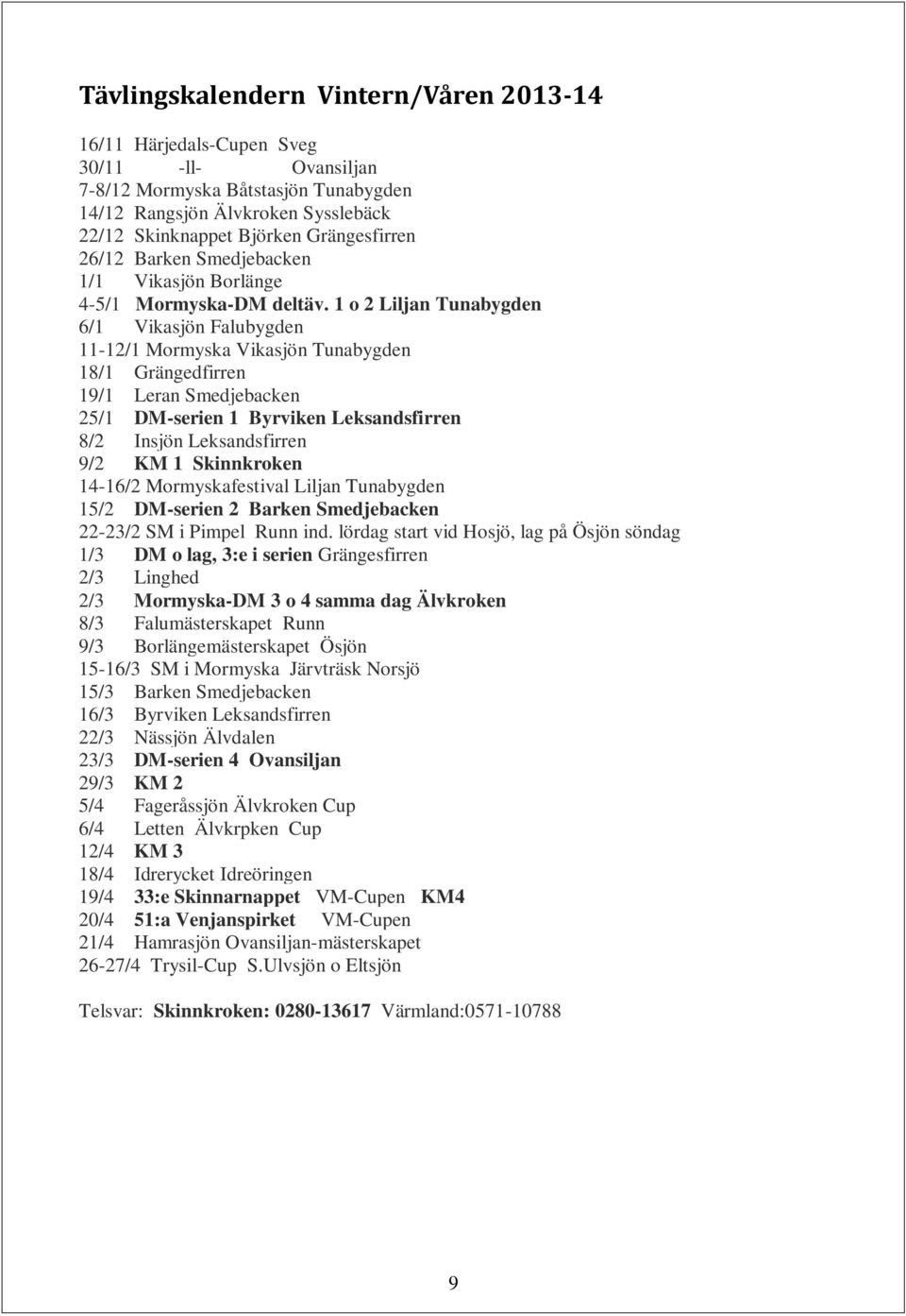 1 o 2 Liljan Tunabygden 6/1 Vikasjön Falubygden 11-12/1 Mormyska Vikasjön Tunabygden 18/1 Grängedfirren 19/1 Leran Smedjebacken 25/1 DM-serien 1 Byrviken Leksandsfirren 8/2 Insjön Leksandsfirren 9/2