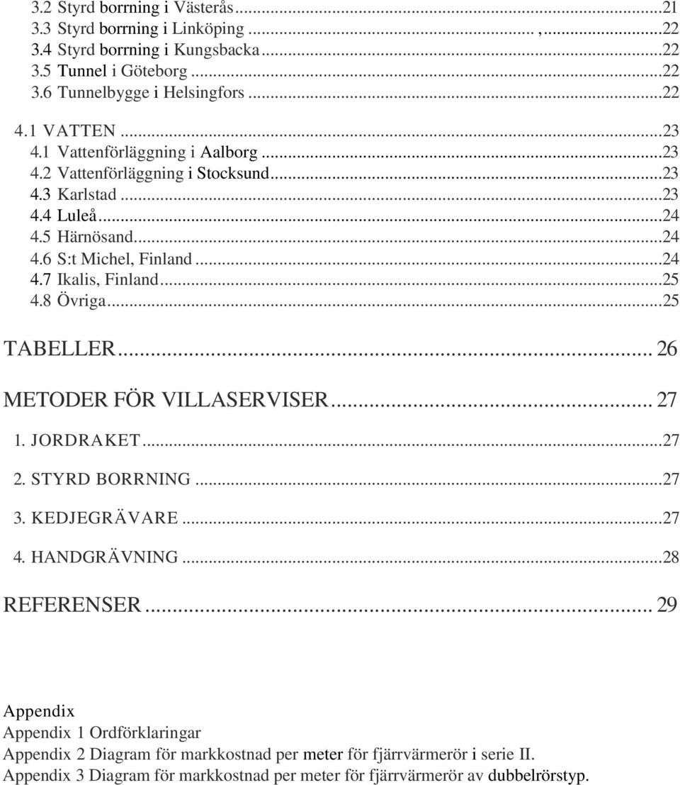 ..25 4.8 Övriga... 25 TABELLER... 26 METODER FÖR VILLASERVISER... 27 1. JORDRAKET... 27 2. STYRD BORRNING... 27 3. KEDJEGRÄVARE... 27 4. HANDGRÄVNING... 28 REFERENSER.