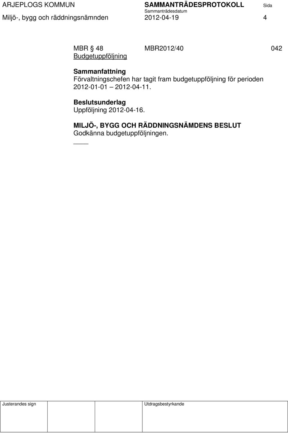 budgetuppföljning för perioden 2012-01-01 2012-04-11.