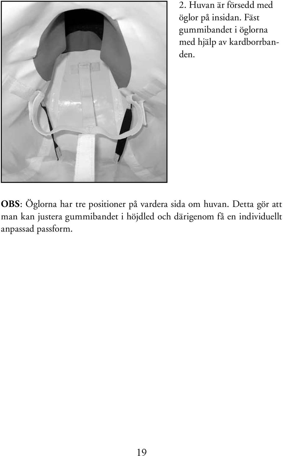 OBS: Öglorna har tre positioner på vardera sida om huvan.