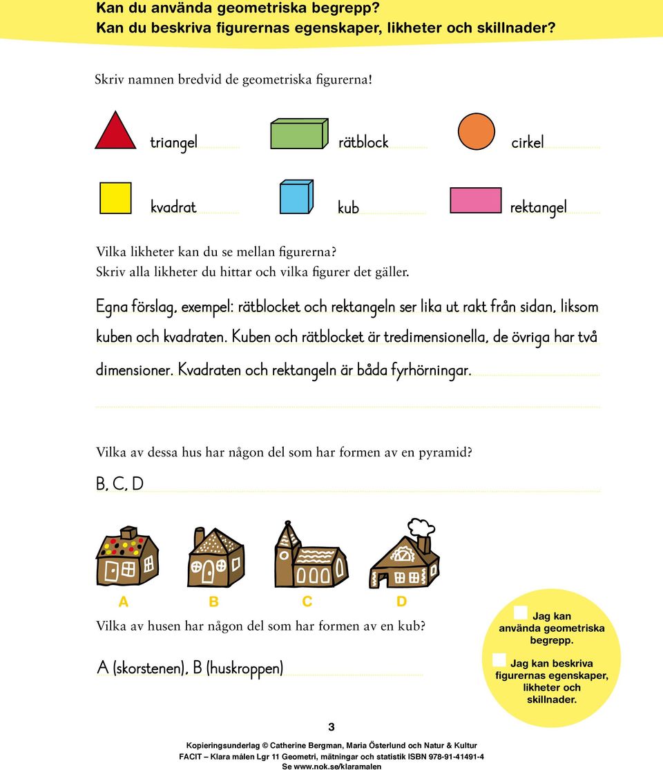 Egna förslag, exempel: rätblocket och rektangeln ser lika ut rakt från sidan, liksom kuben och kvadraten. Kuben och rätblocket är tredimensionella, de övriga har två dimensioner.