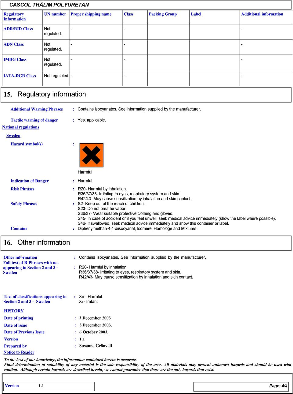 Tactile warning of danger National regulations Sweden Hazard symbol(s) Yes, applicable. Harmful Indication of Danger Harmful Risk Phrases R20 Harmful by inhalation.