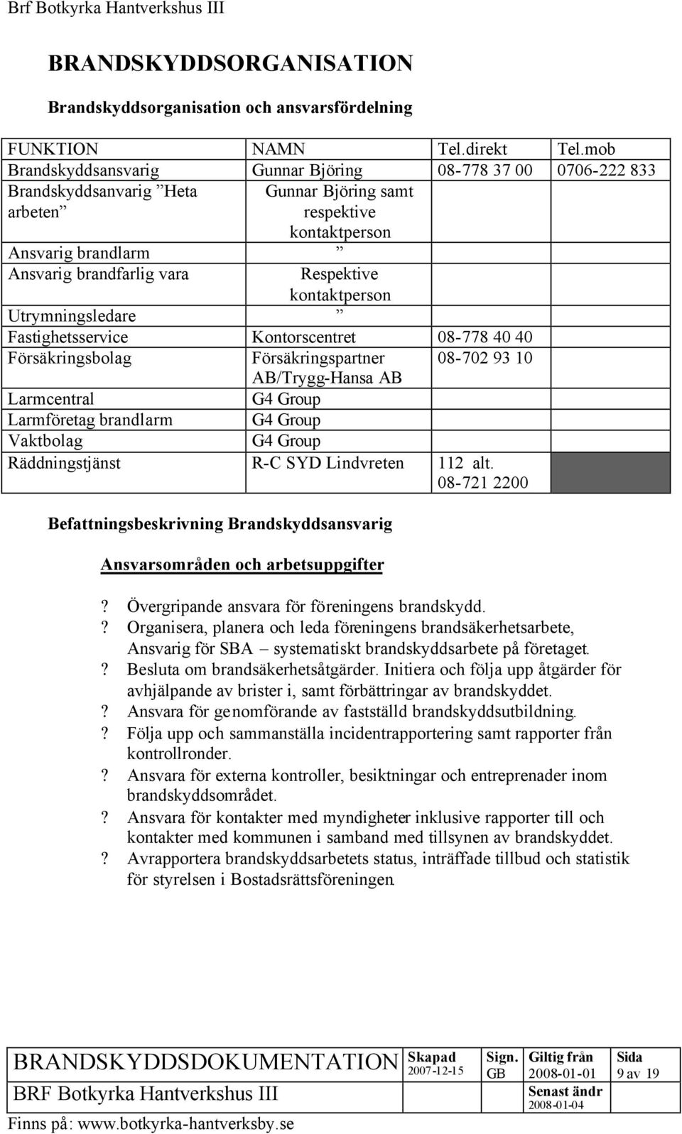 kontaktperson Utrymningsledare Fastighetsservice Kontorscentret 08-778 40 40 Försäkringsbolag Försäkringspartner 08-702 93 10 AB/Trygg-Hansa AB Larmcentral G4 Group Larmföretag brandlarm G4 Group