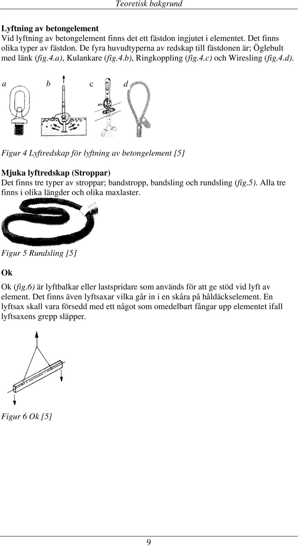a b c d Figur 4 Lyftredskap för lyftning av betongelement [5] Mjuka lyftredskap (Stroppar) Det finns tre typer av stroppar; bandstropp, bandsling och rundsling (fig.5).