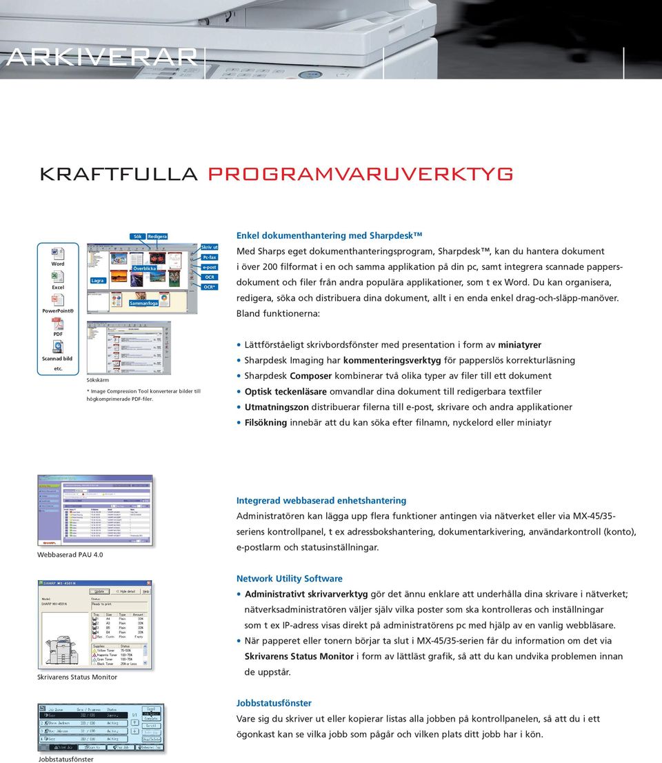 Compose OCR OCR* ICT* dokument och filer från andra populära applikationer, som t ex Word. Du kan organisera, redigera, söka och distribuera dina dokument, allt i en enda enkel drag-och-släpp-manöver.
