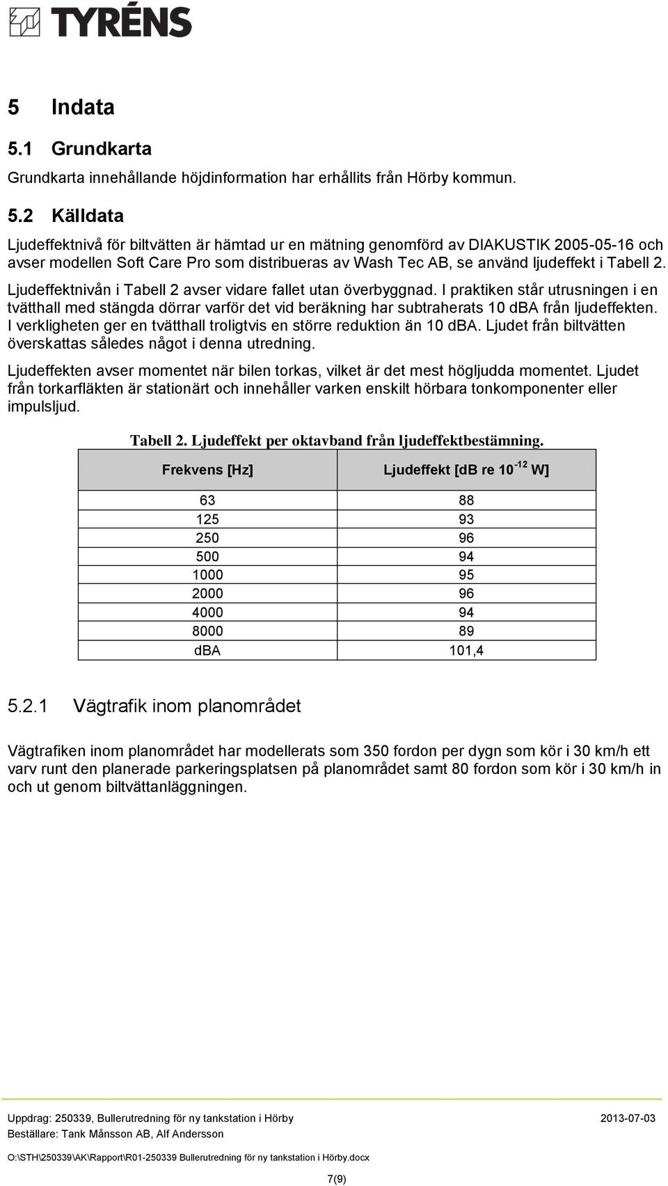 2 Källdata Ljudeffektnivå för biltvätten är hämtad ur en mätning genomförd av DIAKUSTIK 2005-05-16 och avser modellen Soft Care Pro som distribueras av Wash Tec AB, se använd ljudeffekt i Tabell 2.