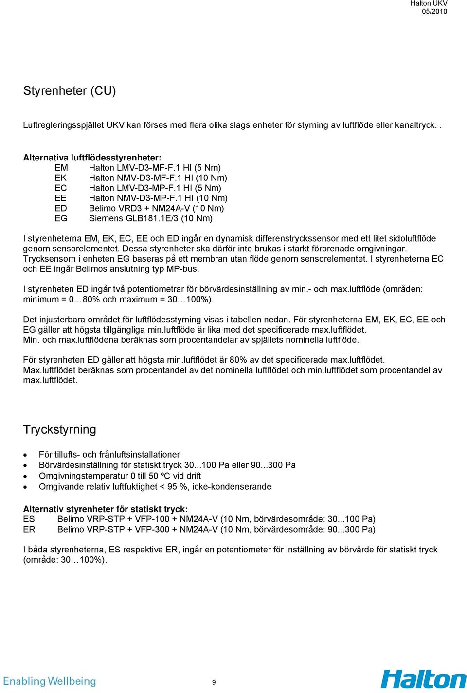 1E/3 (10 Nm) I styrenheterna EM, EK, EC, EE och ED ingår en dynamisk differenstryckssensor med ett litet sidoluftflöde genom sensorelementet.