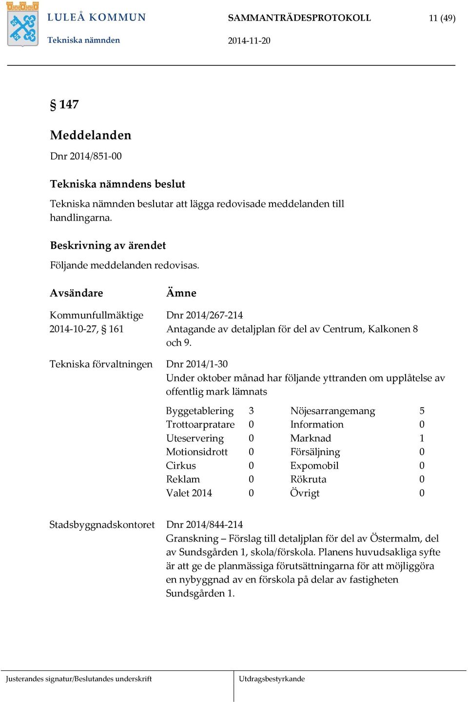 Tekniska förvaltningen Dnr 2014/1-30 Under oktober månad har följande yttranden om upplåtelse av offentlig mark lämnats Byggetablering 3 Nöjesarrangemang 5 Trottoarpratare 0 Information 0