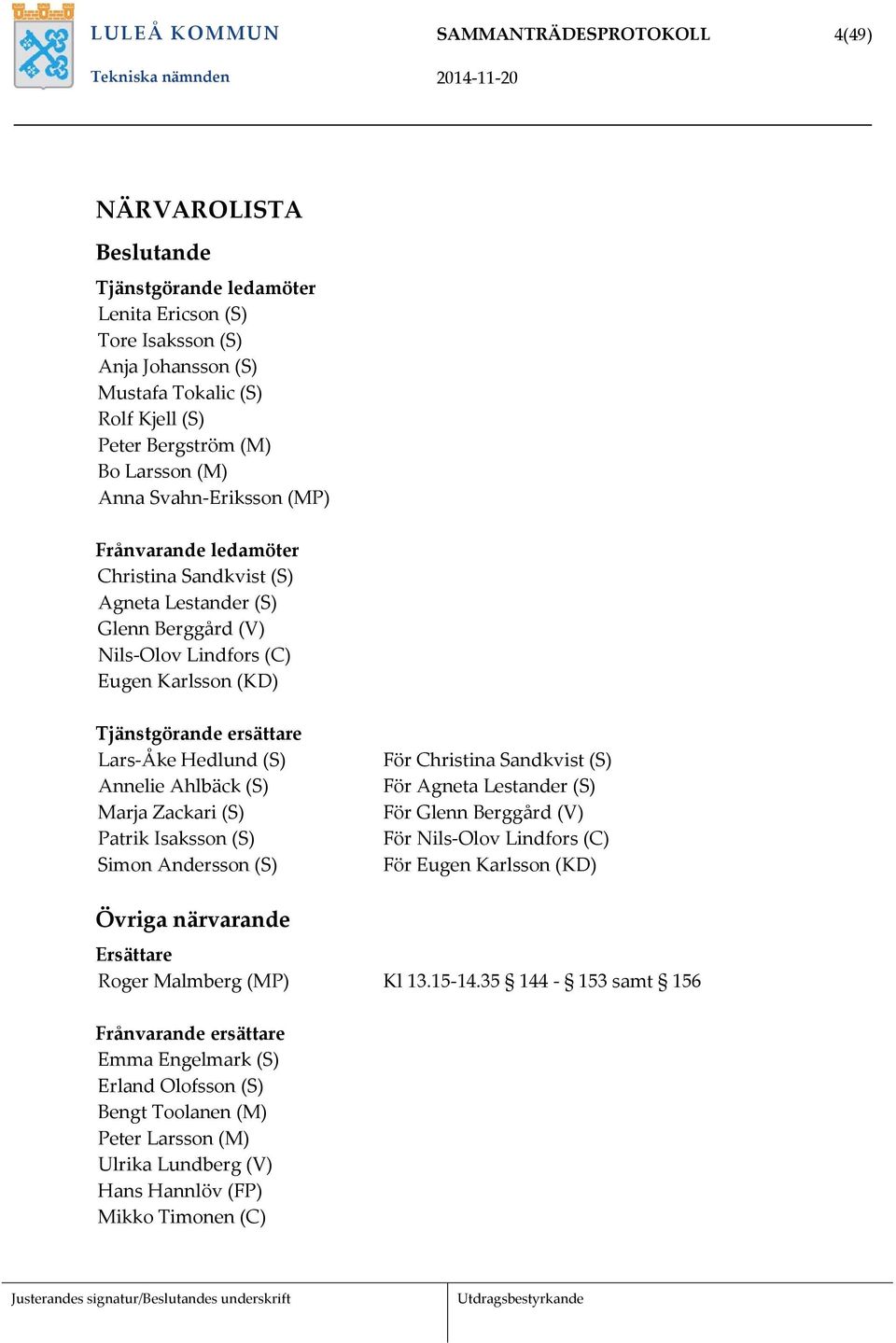 Lars-Åke Hedlund (S) Annelie Ahlbäck (S) Marja Zackari (S) Patrik Isaksson (S) Simon Andersson (S) För Christina Sandkvist (S) För Agneta Lestander (S) För Glenn Berggård (V) För Nils-Olov Lindfors