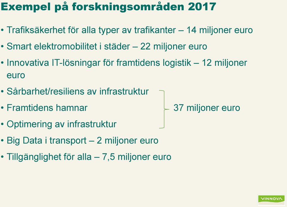 12 miljoner euro Sårbarhet/resiliens av infrastruktur Framtidens hamnar Optimering av