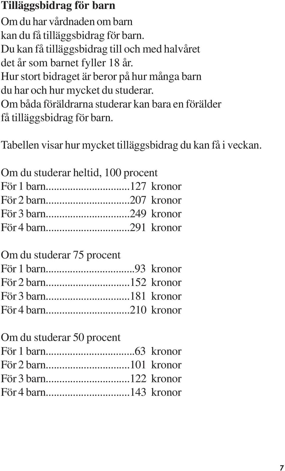 Tabellen visar hur mycket tilläggsbidrag du kan få i veckan. Om du studerar heltid, 100 procent För 1 barn...127 kronor För 2 barn...207 kronor För 3 barn...249 kronor För 4 barn.