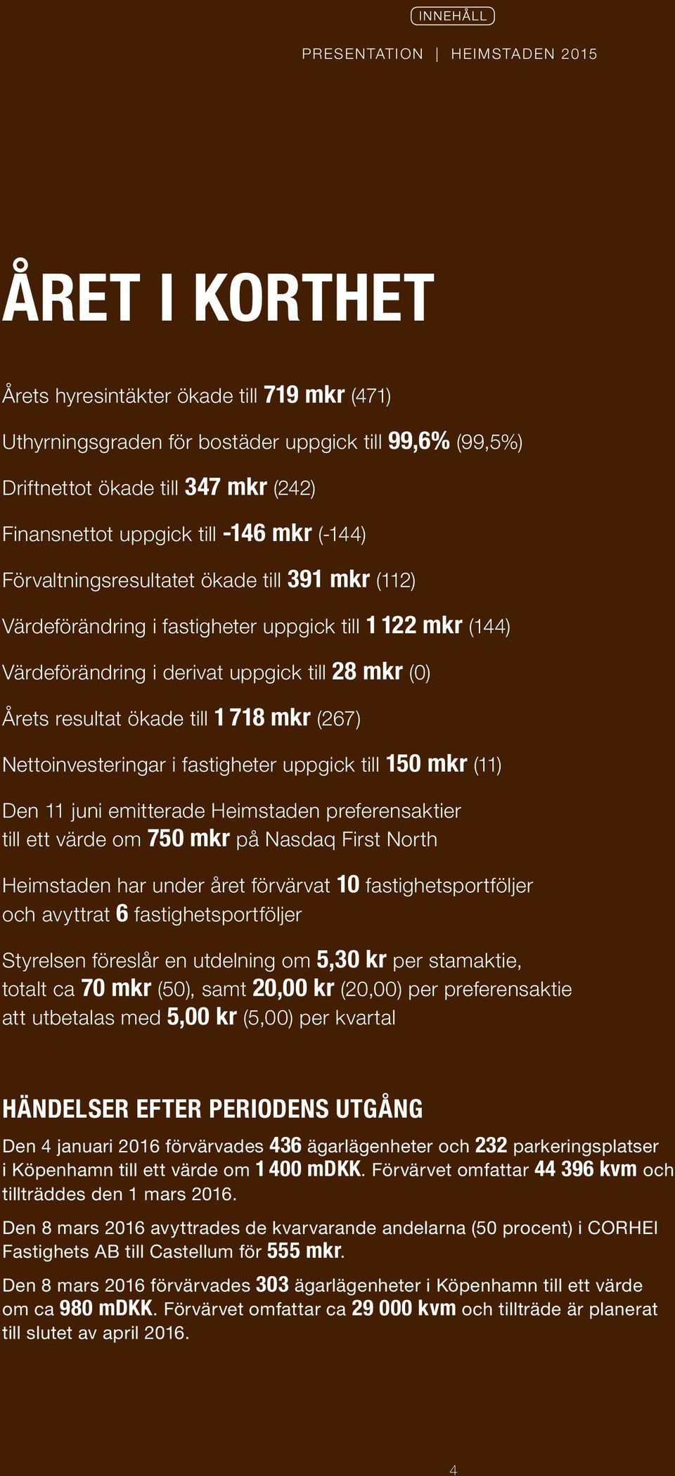 resultat ökade till 1 718 mkr (267) Nettoinvesteringar i fastigheter uppgick till 150 mkr (11) Den 11 juni emitterade Heimstaden preferensaktier till ett värde om 750 mkr på Nasdaq First North