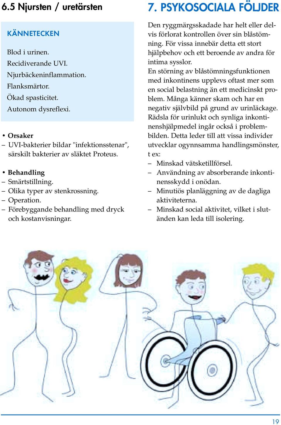 Förebyggande behandling med dryck och kostanvisningar. 7. PSYKOSOCIALA FÖLJDER Den ryggmärgsskadade har helt eller delvis förlorat kontrollen över sin blåstömning.