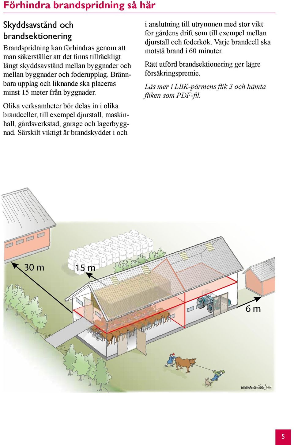 Olika verksamheter bör delas in i olika brandceller, till exempel djurstall, maskinhall, gårdsverkstad, garage och lagerbyggnad.