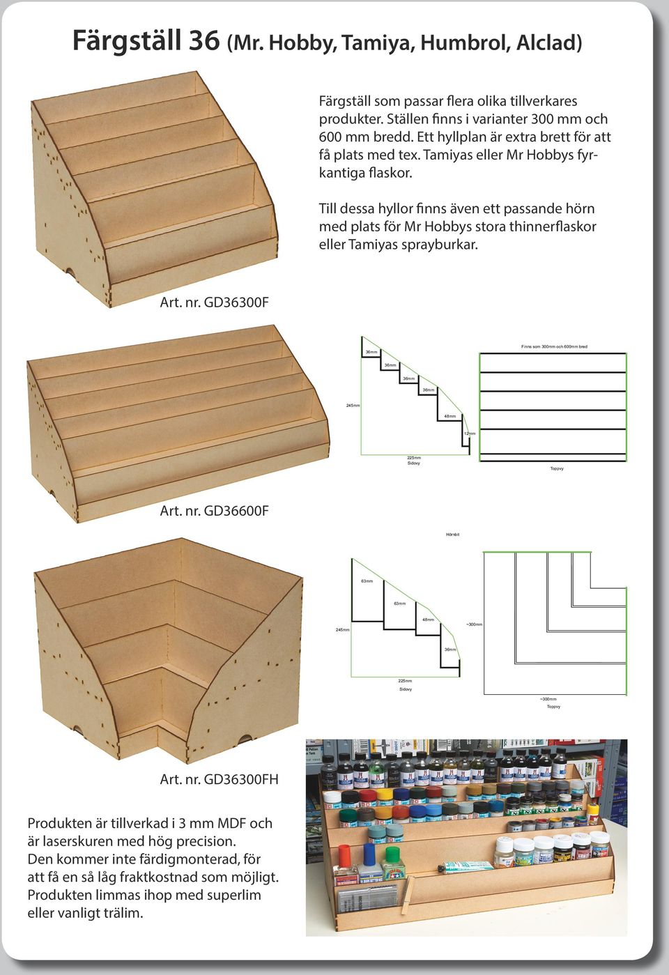 Till dessa hyllor finns även ett passande hörn med plats för Mr Hobbys stora thinnerflaskor eller Tamiyas sprayburkar. Art. nr.